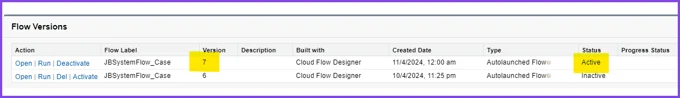 Screenshot: Flow version in Sales/Service Cloud